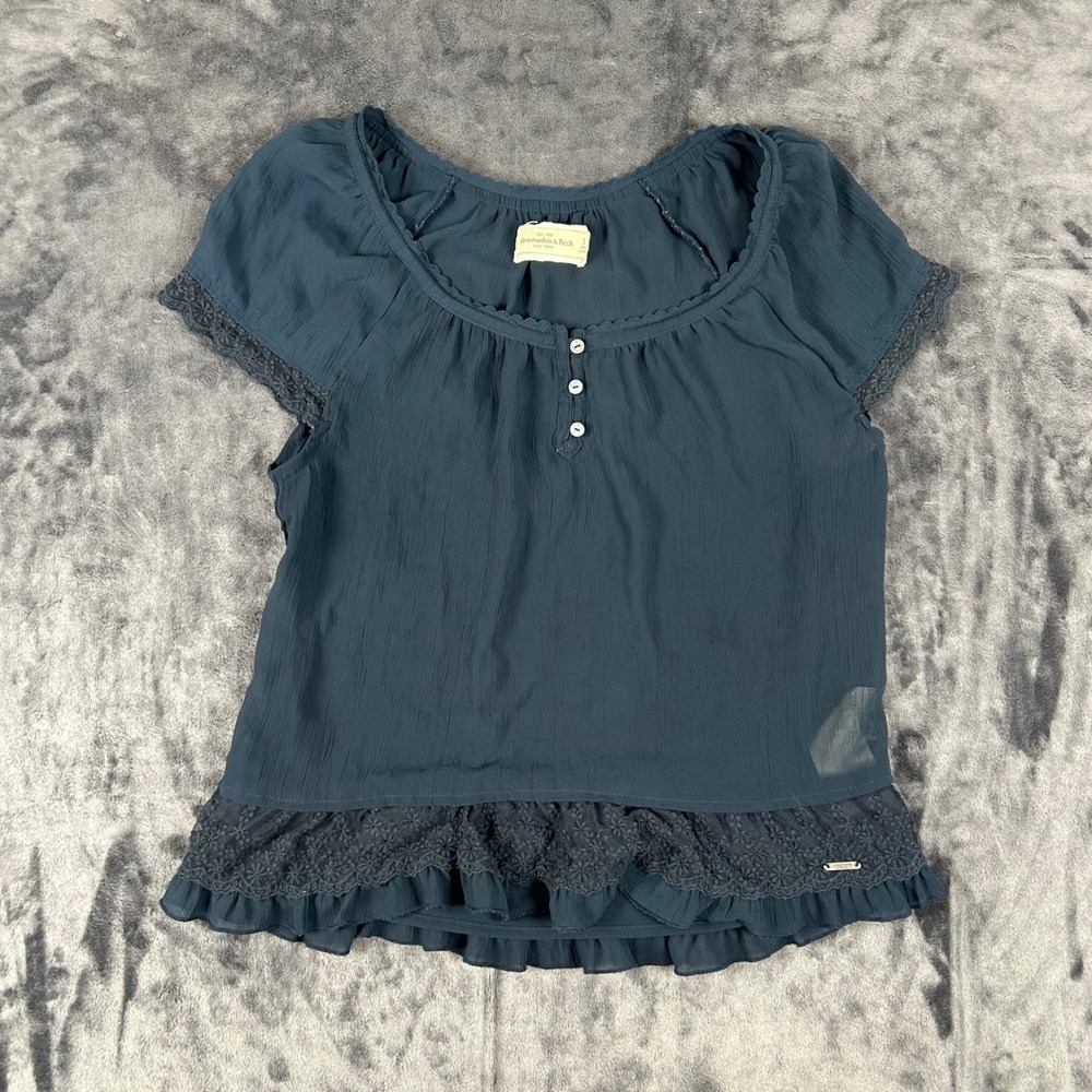 Abercrombie & Fitch Blouse Womens Small Blue Lace Trim Ruffle Hem Scoop Neck